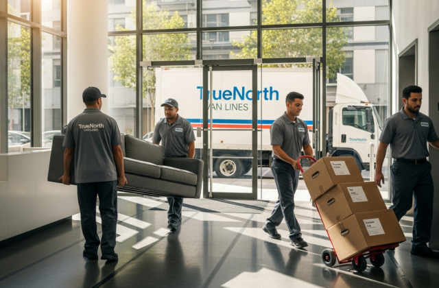 Professional movers handling a high-rise apartment move in Los Angeles with protected floors and packed boxes
