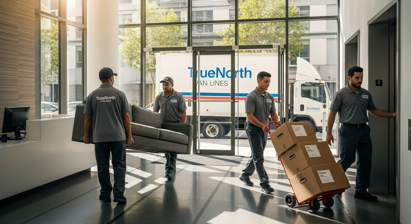 Professional movers handling a high-rise apartment move in Los Angeles with protected floors and packed boxes