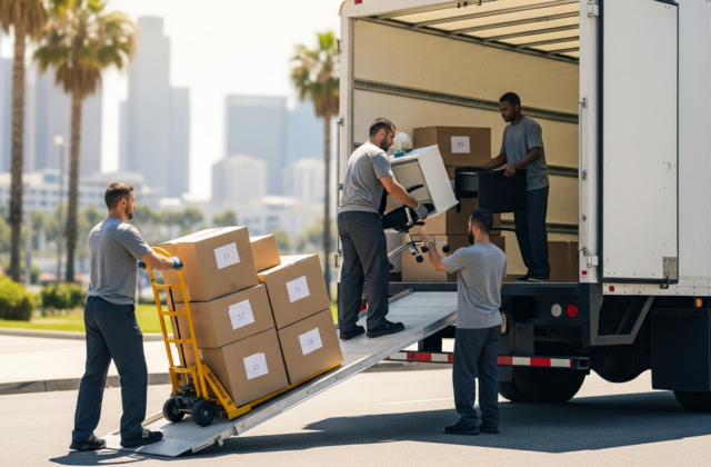 Commercial movers loading office furniture onto a truck for a move from Los Angeles to San Diego