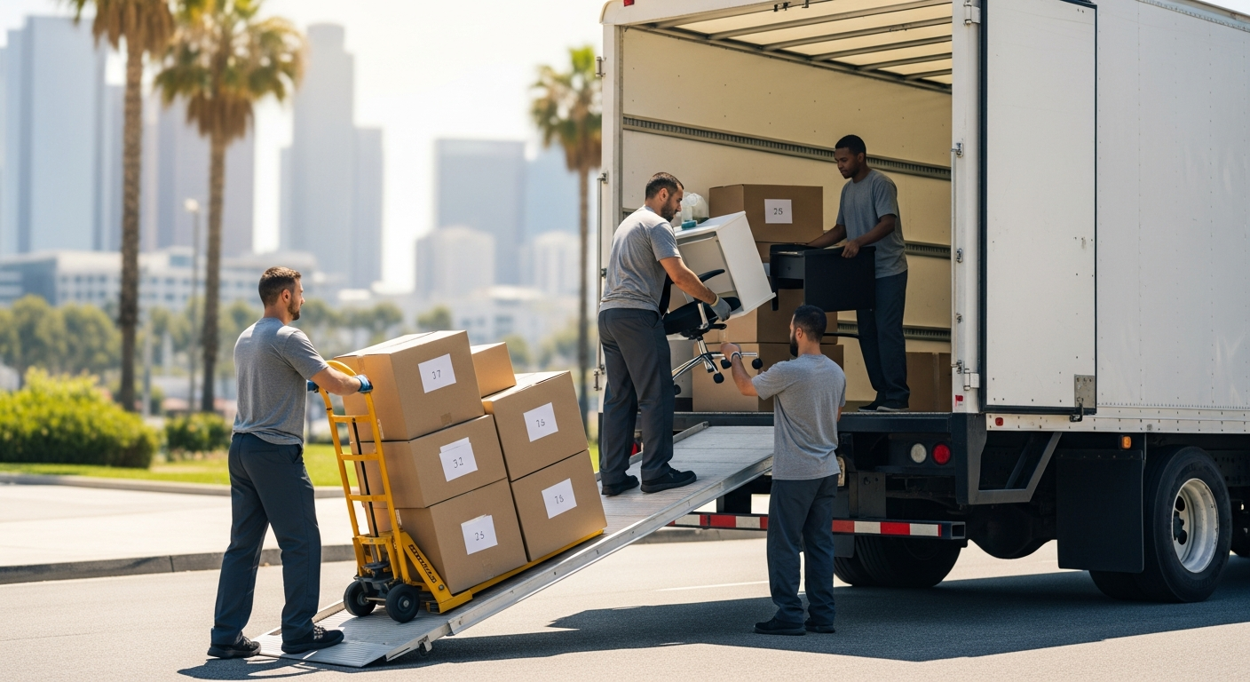 Commercial movers loading office furniture onto a truck for a move from Los Angeles to San Diego
