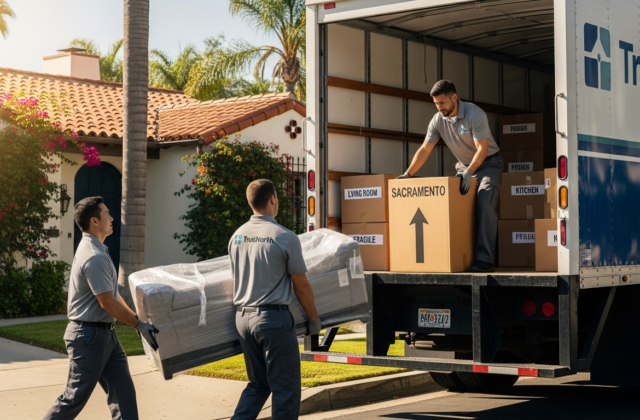 Professional movers loading a TrueNorth Van Lines truck for a Los Angeles to Sacramento move