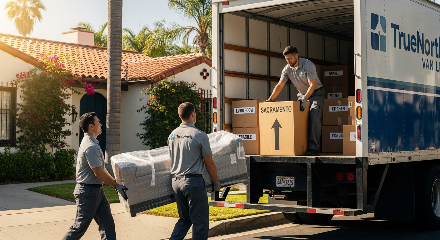 Professional movers loading a TrueNorth Van Lines truck for a Los Angeles to Sacramento move