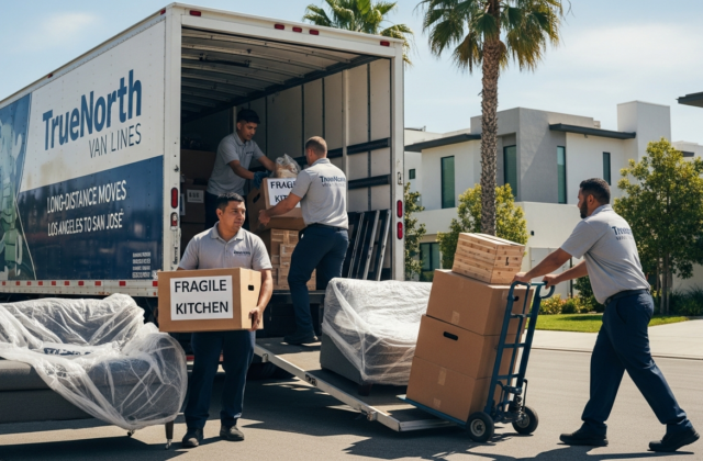 Professional movers loading a truck in Los Angeles for a long-distance move to San Jose
