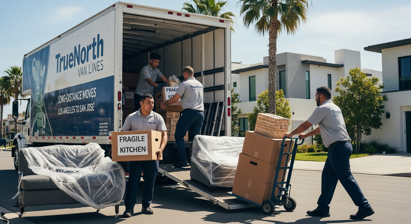 Professional movers loading a truck in Los Angeles for a long-distance move to San Jose
