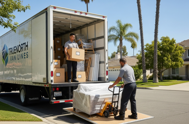 Professional movers loading a truck for an LA to Las Vegas move