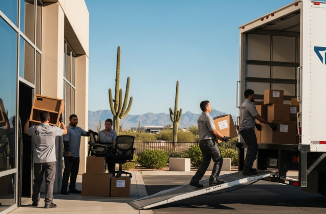 Professional movers loading office furniture for an LA to Phoenix commercial move