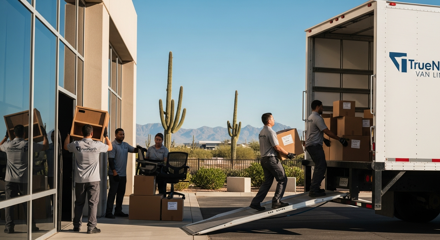 Professional movers loading office furniture for an LA to Phoenix commercial move