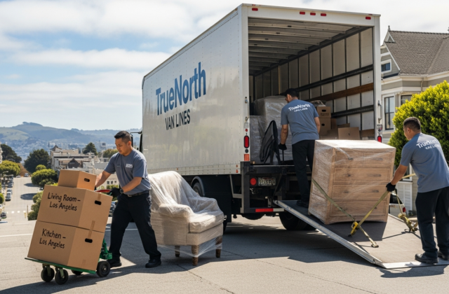 Professional movers loading a truck in San Francisco for a long-distance move to Los Angeles