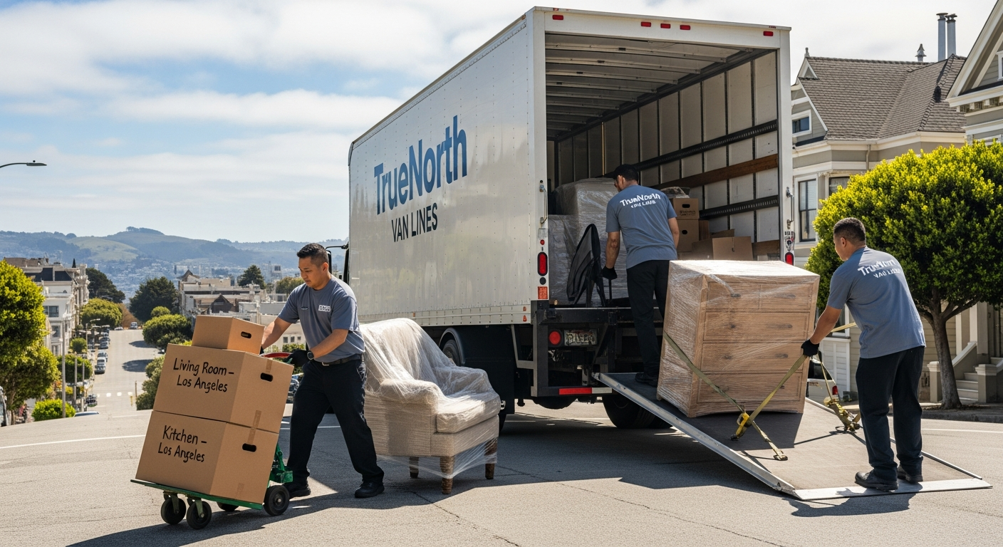 Professional movers loading a truck in San Francisco for a long-distance move to Los Angeles