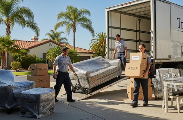 Professional movers loading a long-distance moving truck in California