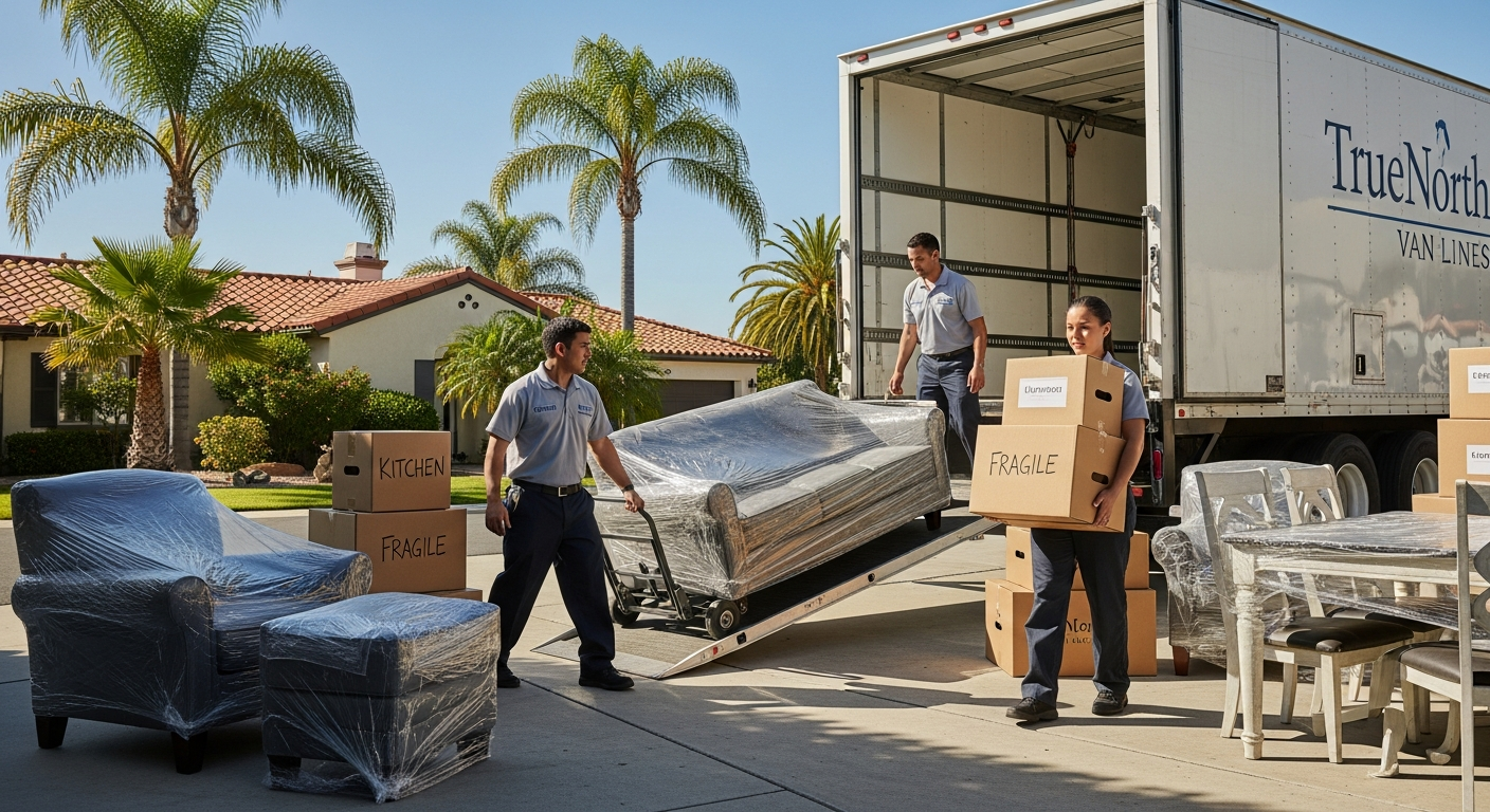 Professional movers loading a long-distance moving truck in California