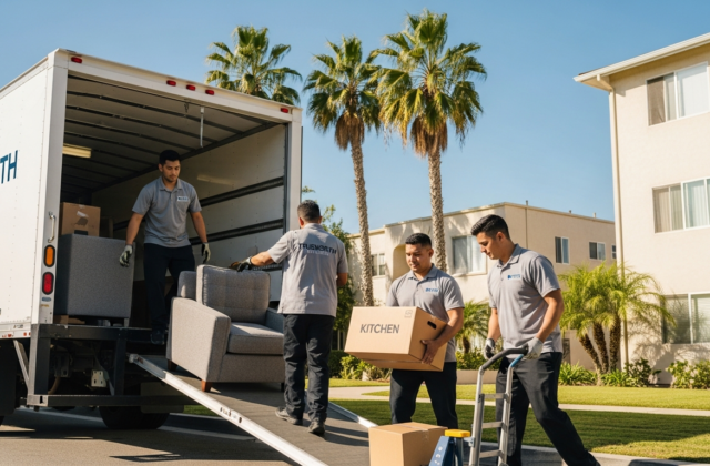 Professional movers loading boxes into a truck on a Los Angeles street