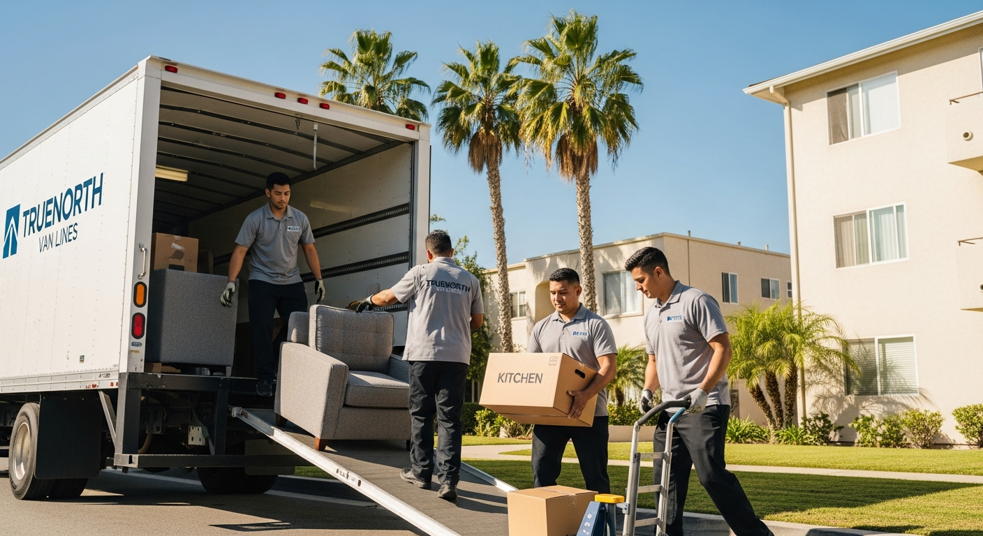 Professional movers loading boxes into a truck on a Los Angeles street