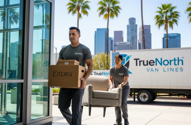 Professional movers carrying boxes into a Los Angeles apartment building