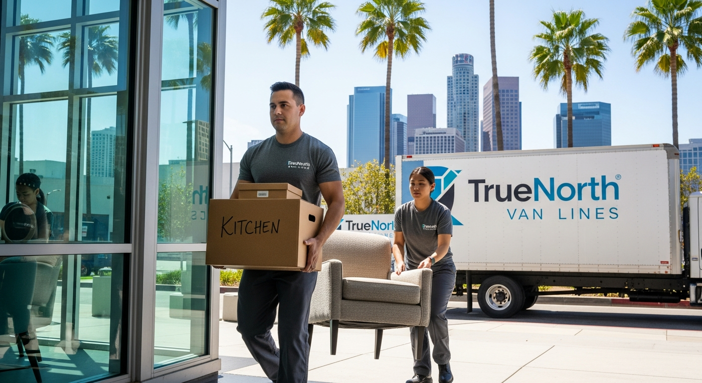 Professional movers carrying boxes into a Los Angeles apartment building