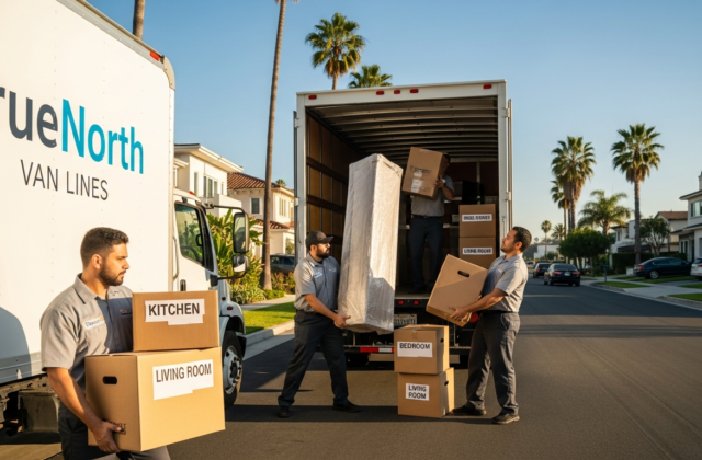 Professional movers loading a moving truck on a Los Angeles street