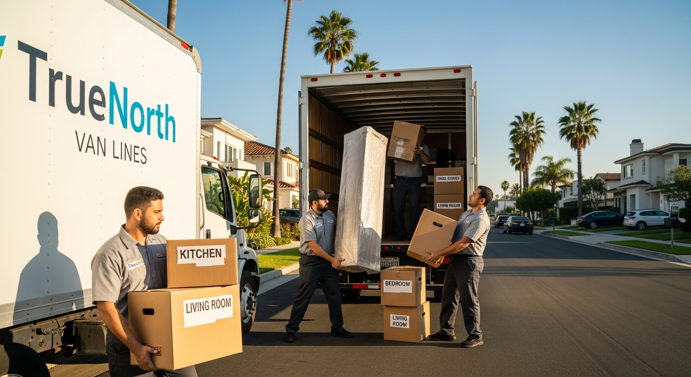 Professional movers loading a moving truck on a Los Angeles street