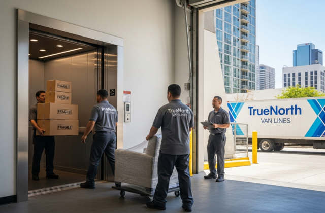 Professional movers loading boxes into a service elevator in a Los Angeles high-rise