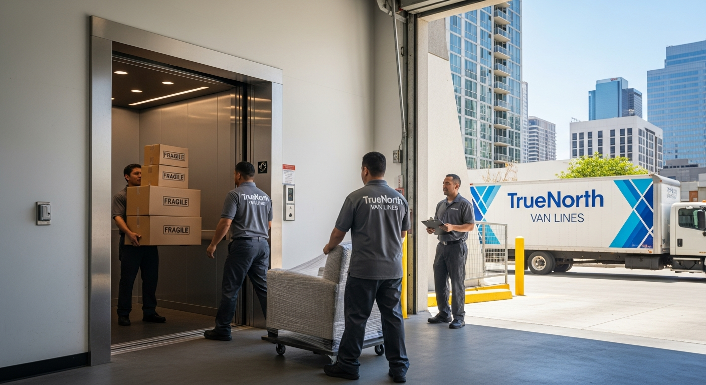 Professional movers loading boxes into a service elevator in a Los Angeles high-rise