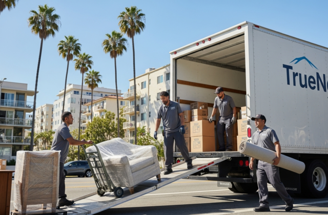 Professional movers loading a moving truck on a sunny Santa Monica street