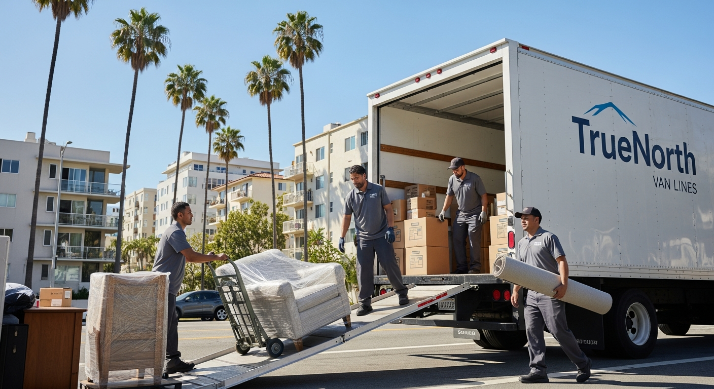 Professional movers loading a moving truck on a sunny Santa Monica street