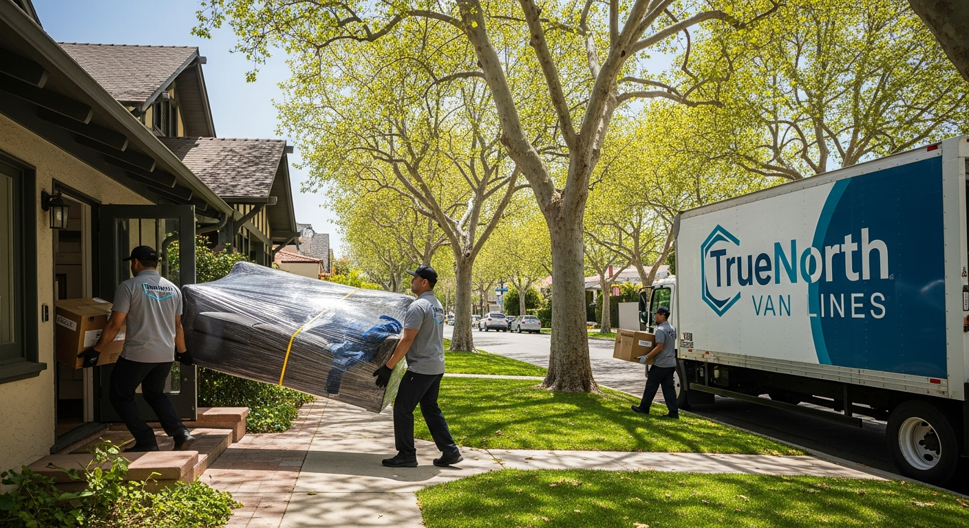 Professional movers unloading boxes into a Pasadena Craftsman home