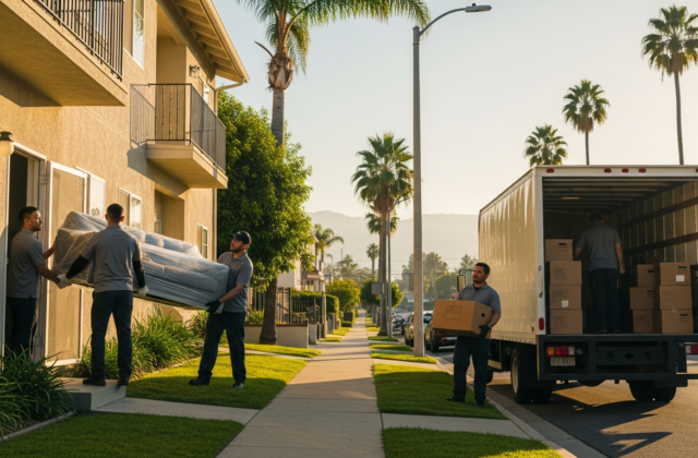 Professional movers unloading a truck at a San Fernando Valley apartment building
