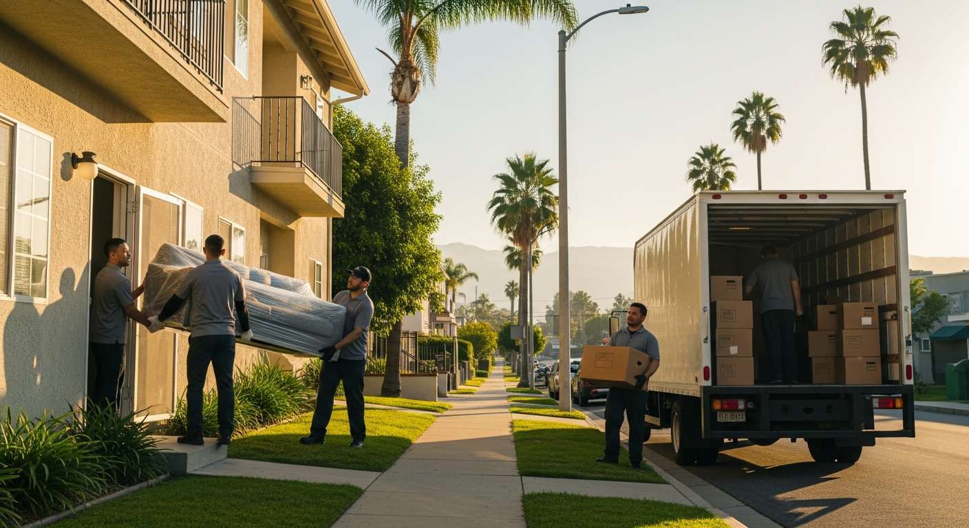 Professional movers unloading a truck at a San Fernando Valley apartment building