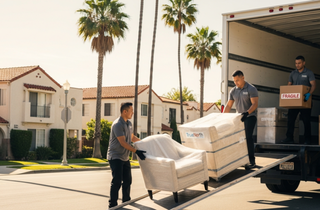 Professional movers loading a truck on a residential street in Torrance in the South Bay