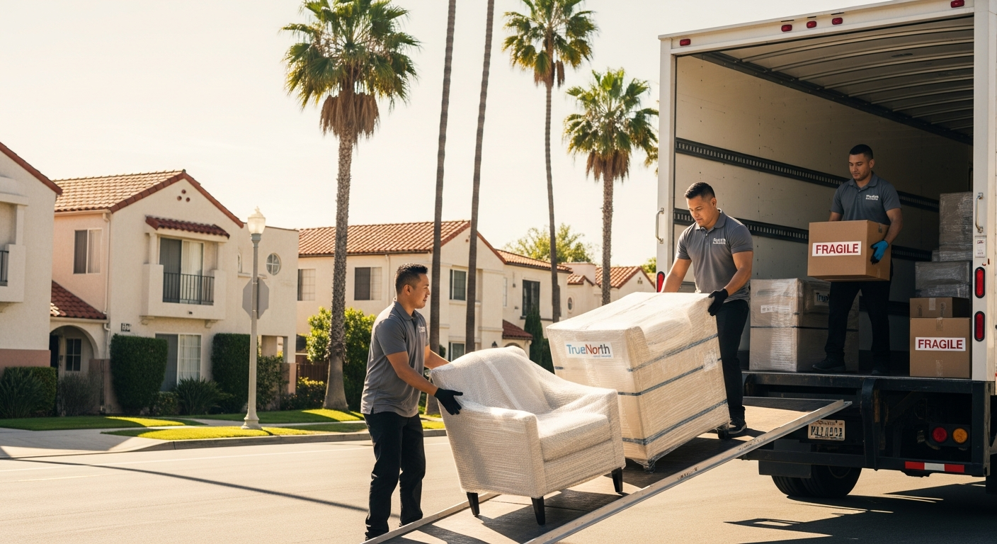 Professional movers loading a truck on a residential street in Torrance in the South Bay