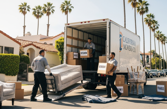 Professional movers loading a truck on a Los Angeles street