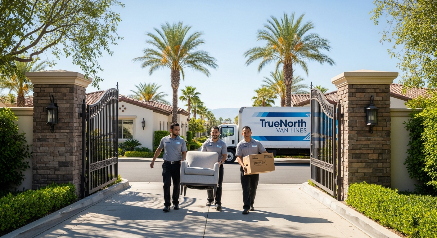 Movers unloading a truck at a Southern California gated community under HOA rules