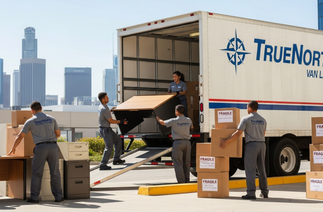 Professional movers loading office furniture into a truck for a Los Angeles to San Francisco move