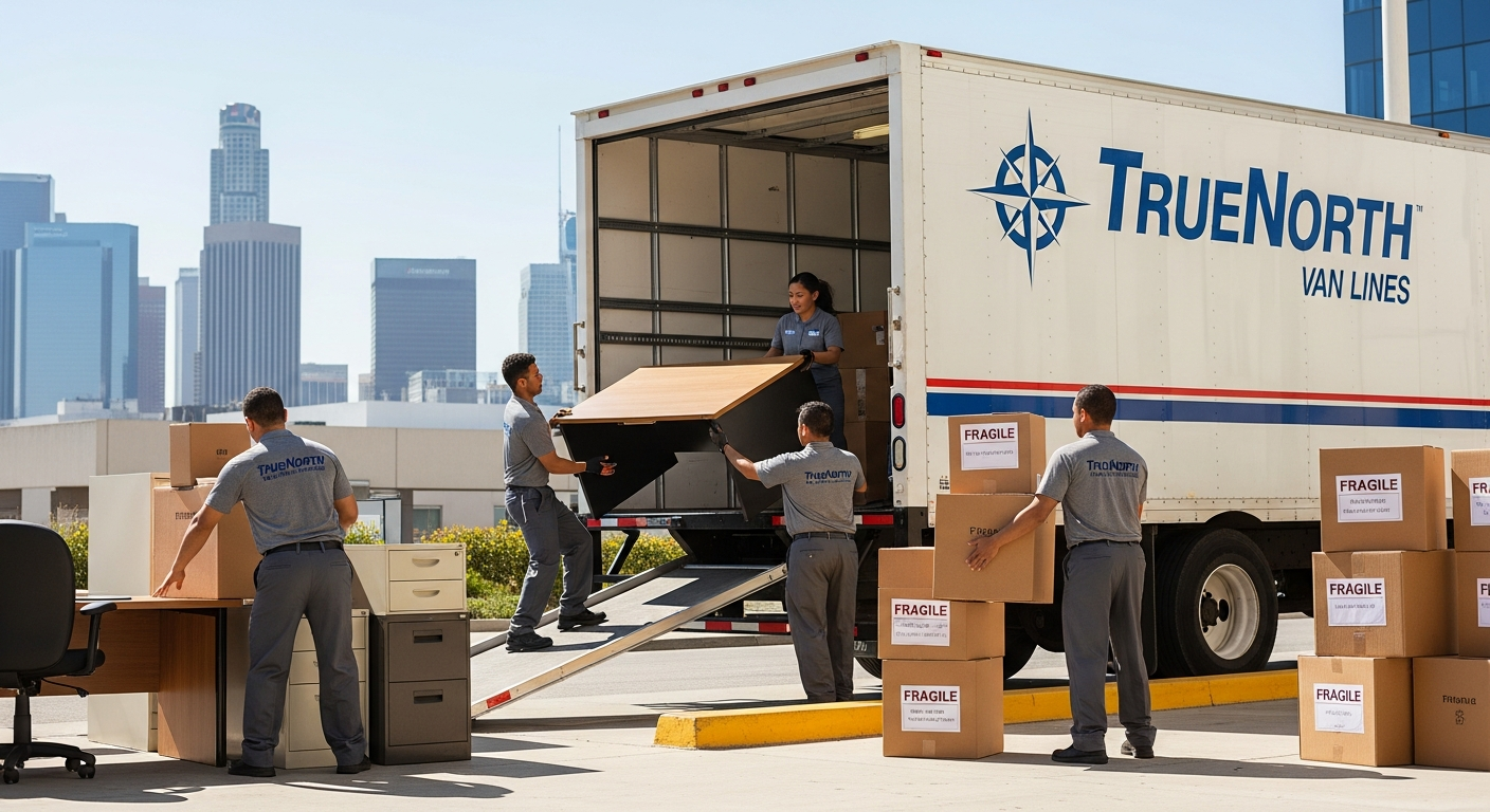 Professional movers loading office furniture into a truck for a Los Angeles to San Francisco move