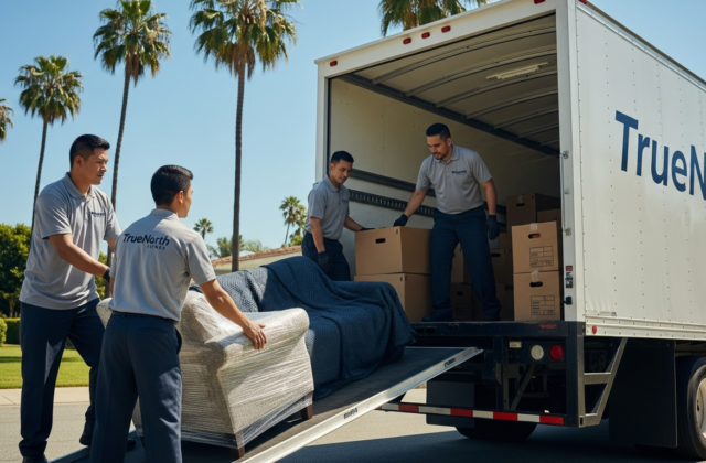 Professional movers loading a local moving truck on a Los Angeles street