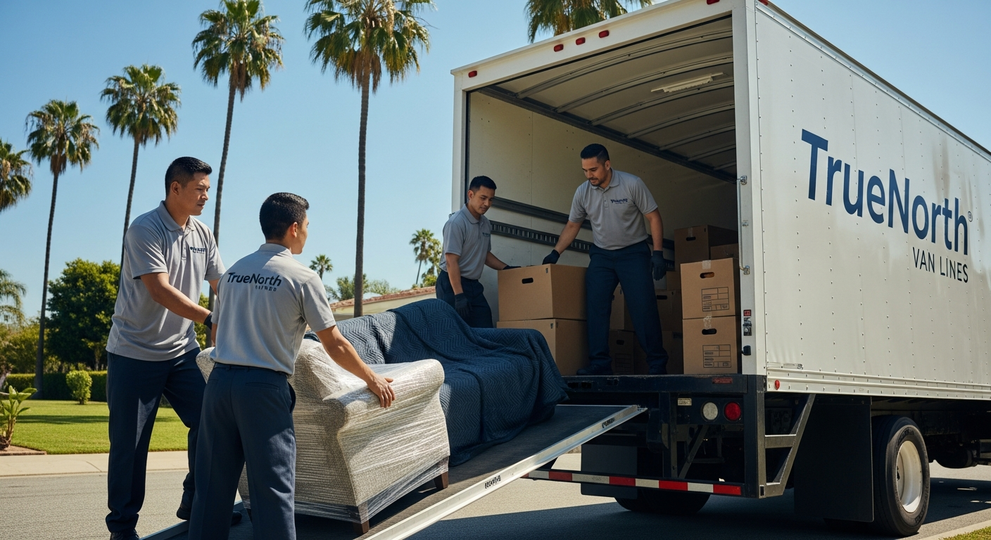 Professional movers loading a local moving truck on a Los Angeles street