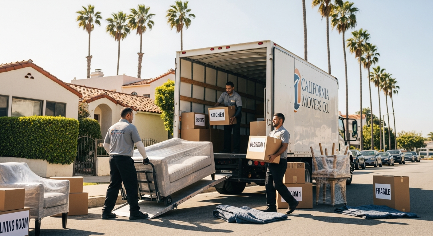 Professional movers loading a truck on a Los Angeles street