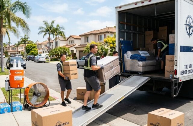Professional movers loading a moving truck during a sunny summer move in Los Angeles