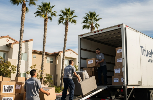 Professional movers loading boxes into a truck for a California move