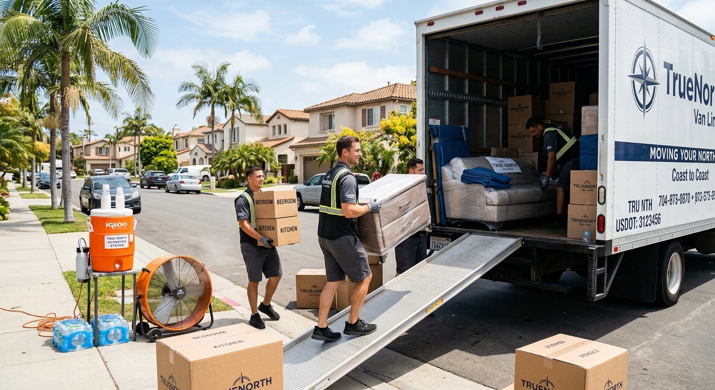 Professional movers loading a moving truck during a sunny summer move in Los Angeles