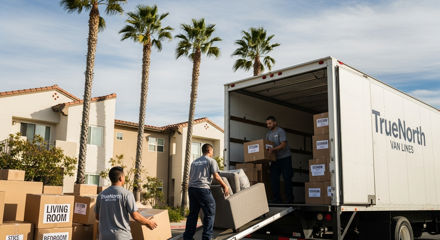 Professional movers loading boxes into a truck for a California move