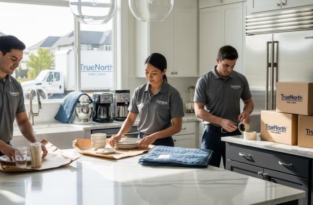 Professional movers carefully packing dishes and cookware in a modern kitchen