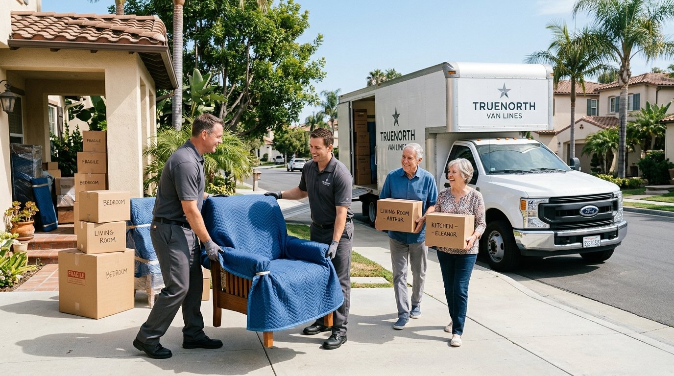 Professional movers helping a senior couple move from a Southern California home with labeled boxes and padded furniture