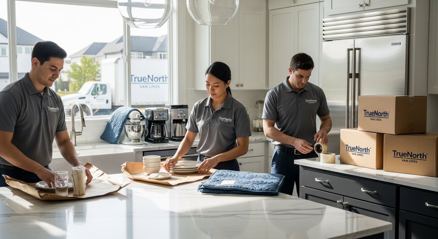 Professional movers carefully packing dishes and cookware in a modern kitchen