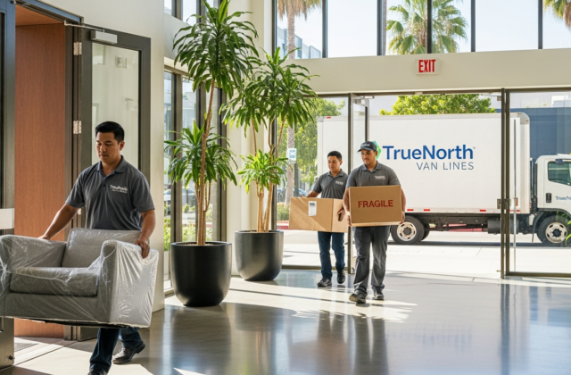 Professional movers handling boxes in a Los Angeles apartment building lobby