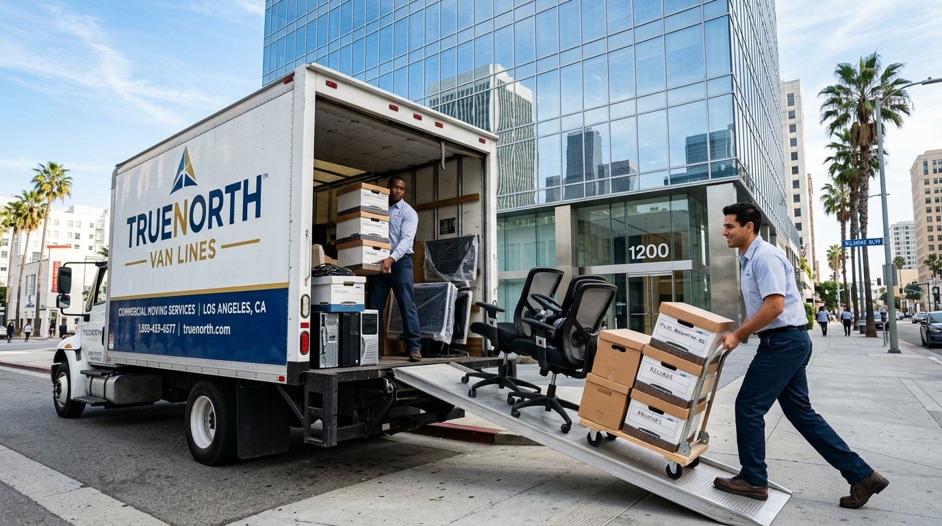 Professional movers loading packed office equipment into a truck in Los Angeles