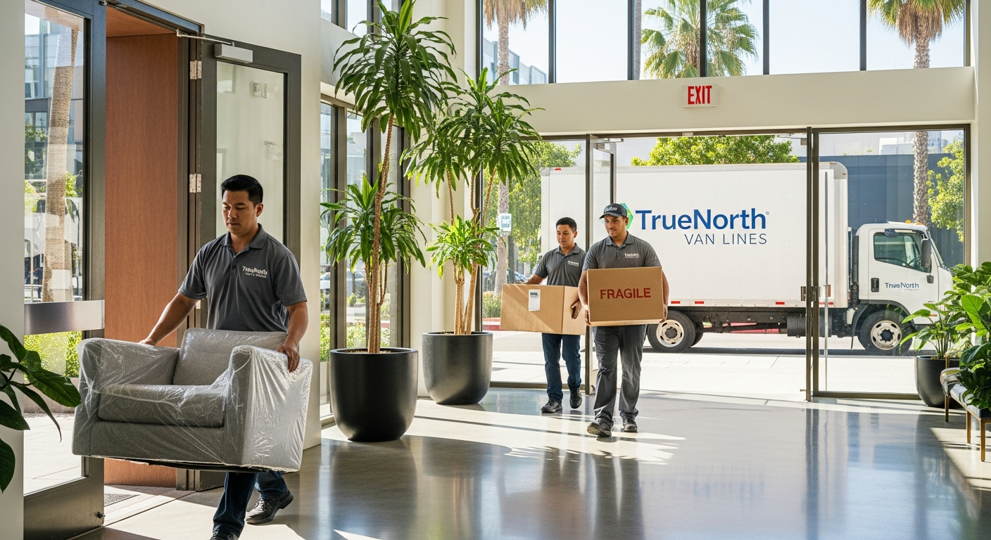 Professional movers handling boxes in a Los Angeles apartment building lobby