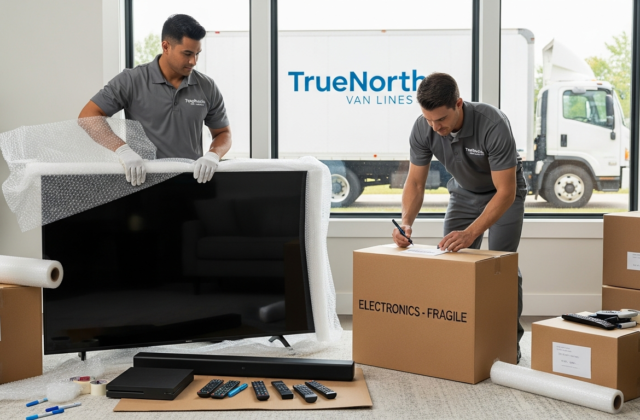 Professional movers packing a flat-screen TV and electronics for moving