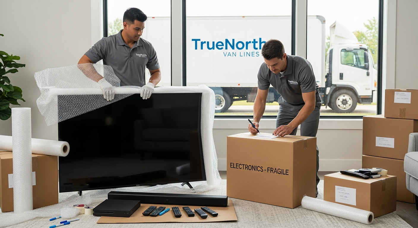 Professional movers packing a flat-screen TV and electronics for moving