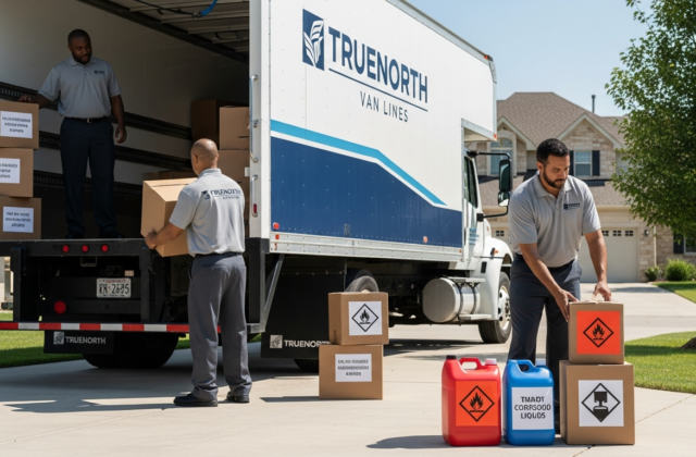 Professional movers sorting boxes and separating prohibited items before a household move